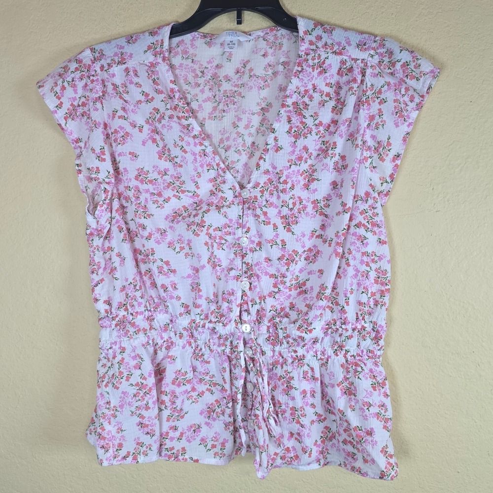 Time and Tru Womens Peplum Flutter Top M 8-10 Coral Peony Floral Button Front